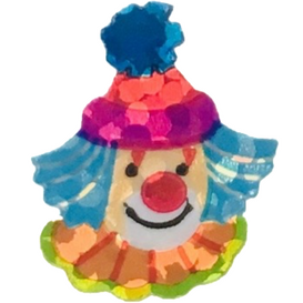 transparent image of a holographic/glittery clown vintage sticker. the clown has shoulder length blue hair that flares out at the end, an orange ruffle collar, a pink hat with a blue pompom, and a big red nose. they are smiling.